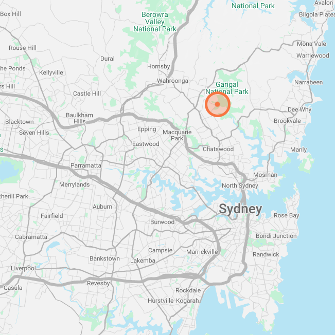 Map of Sydney showing the clinic's approximate location in St Ives, on the Upper North Shore