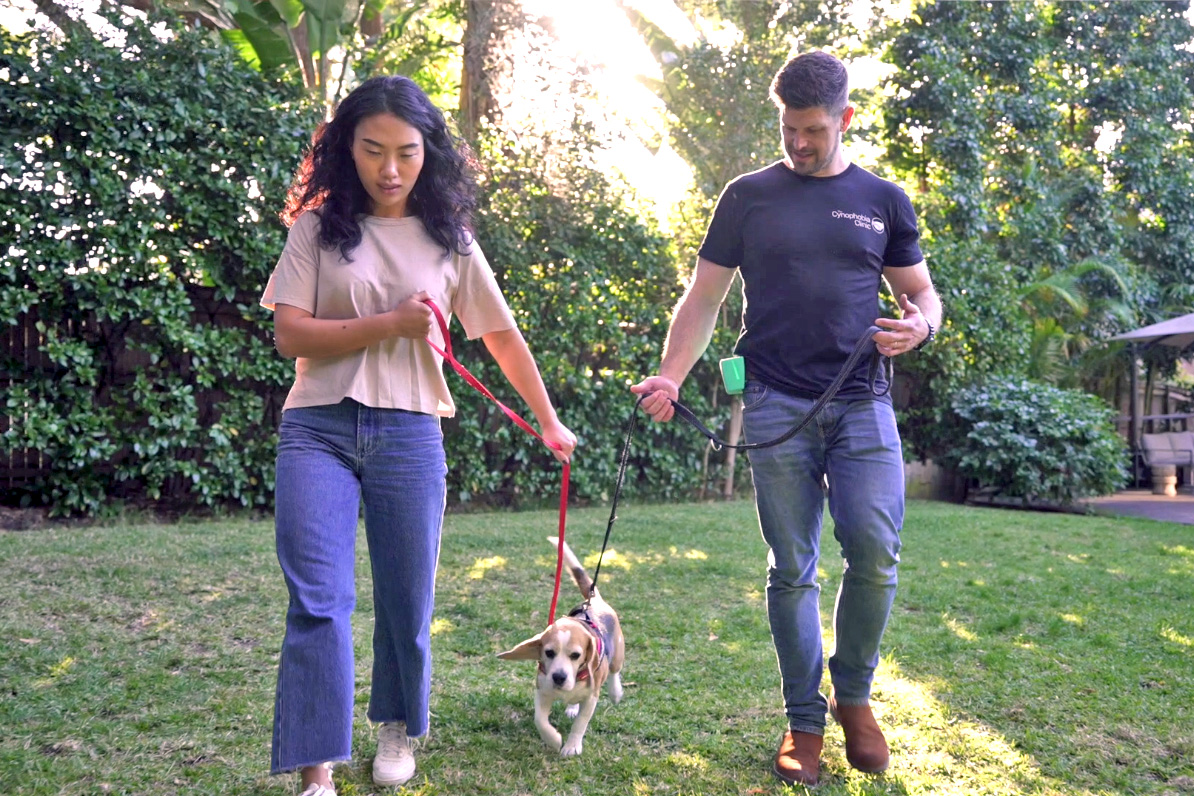 A client walking a beagle alongside the clinician in a sunny garden