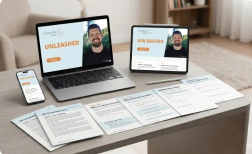 The Unleashed online program shown on a laptop and phone alongside printed worksheets